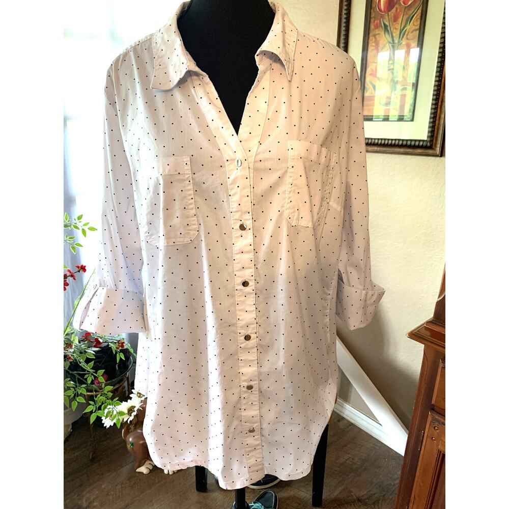 EMILY DANIELS BUTTON UP BLOUSE ROLL TAB SLEEVES WHITE BLACK POLKA DOT SIZE 2X